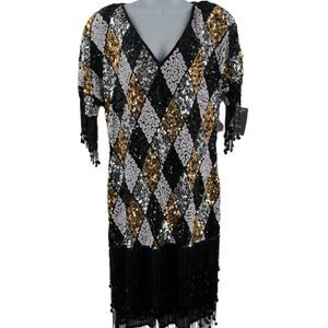 Vintage Black, Gold, and White Sequin Fringe Dress | Tag Size 1X | Erica Lewis |